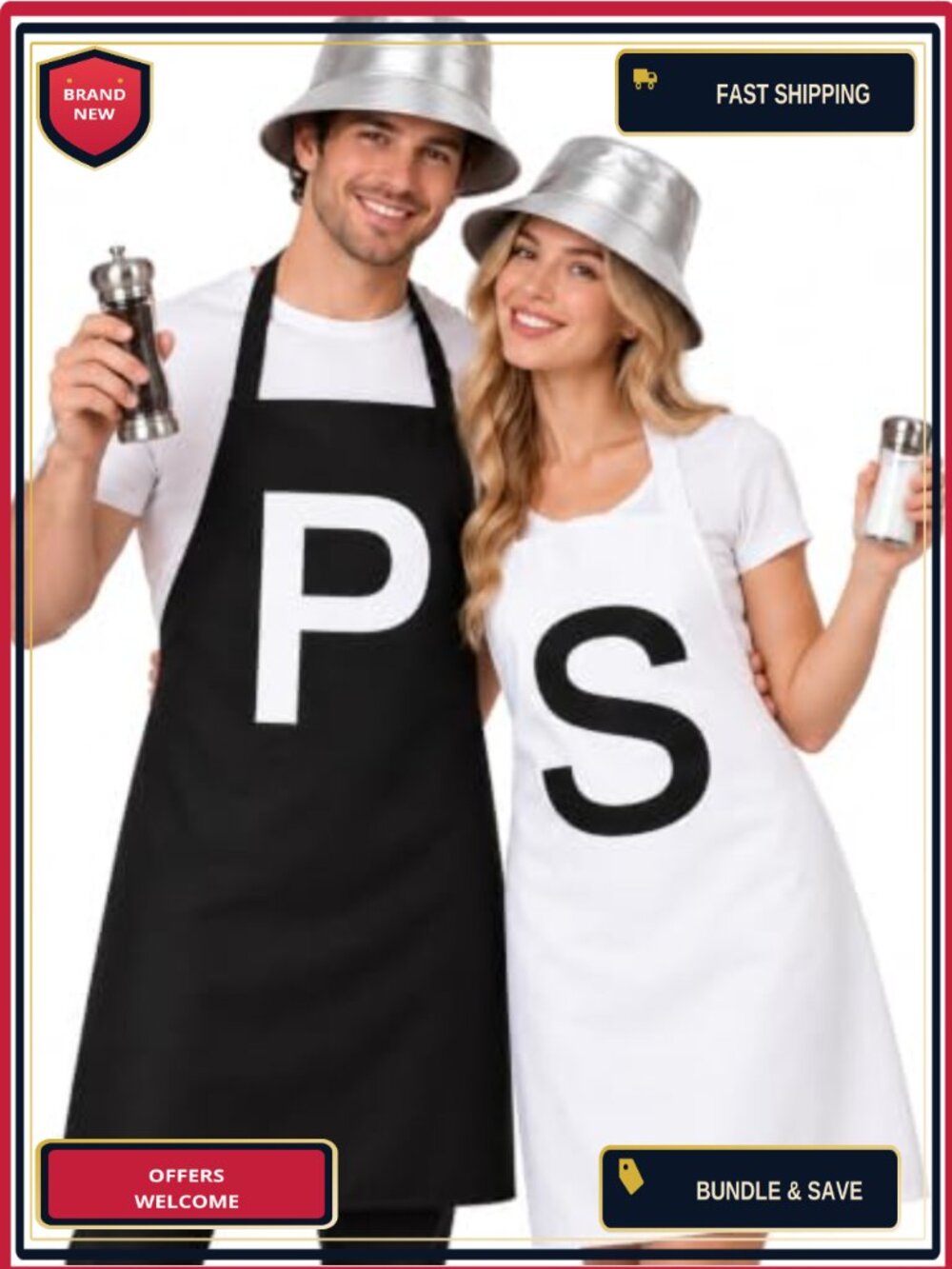 Salt and Pepper Costume Set 6 Pcs Adult Aprons Bucket Hats Stickers Halloween